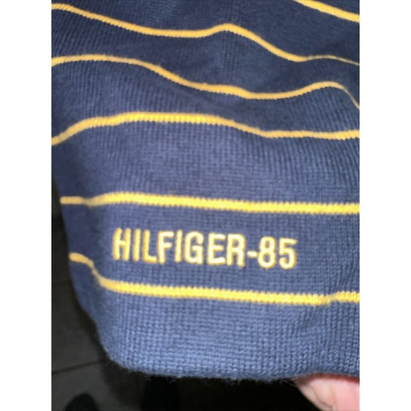 Tommy Hilfiger Scarf Blue Gold Striped Mens Scarf Embroidered Wool Winter Scarf - Picture 2 of 6